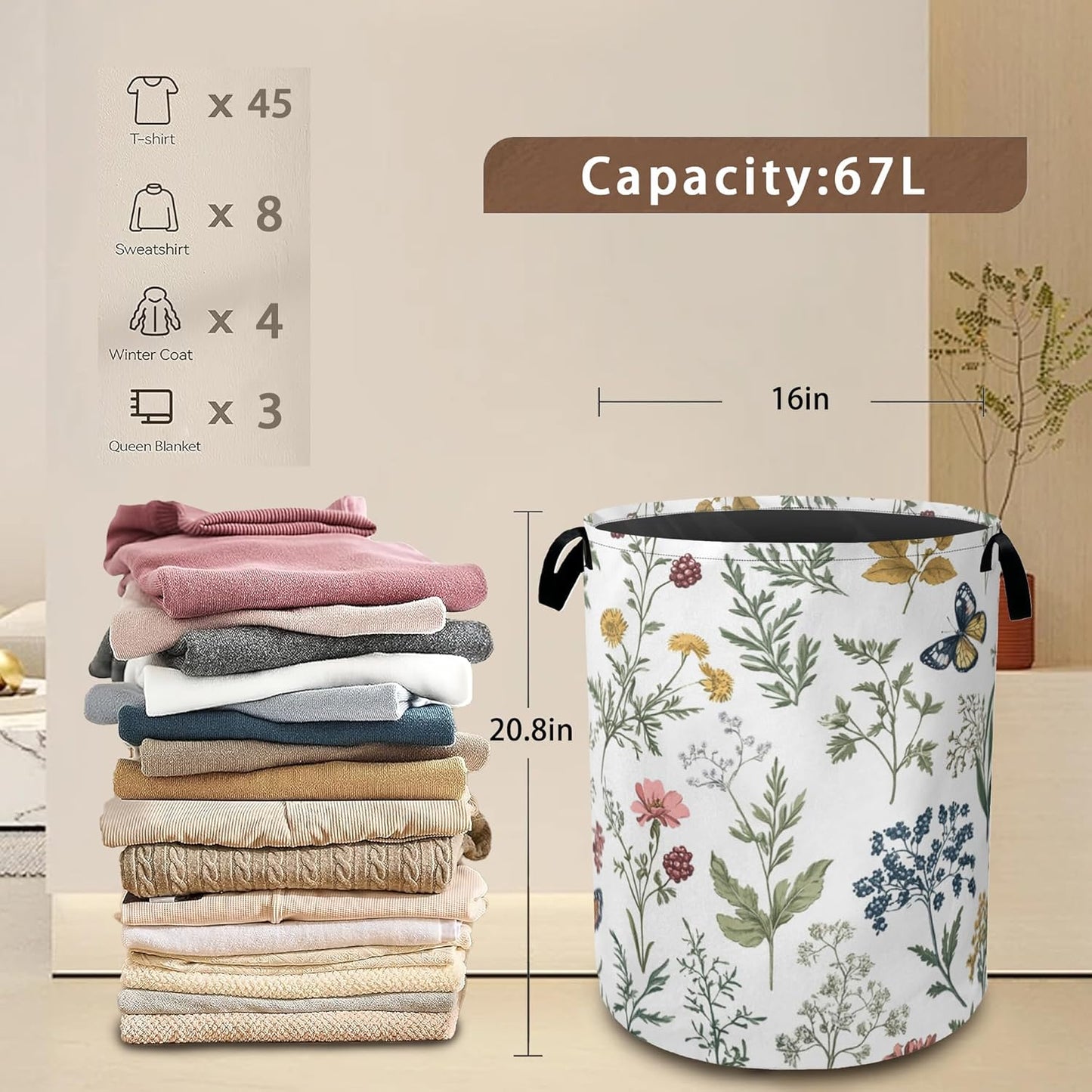 Beautiful Floral Laundry Hamper,Collapsible Laundry Baskets,Flowers Butterfly Dirty Clothes Baskets with Handles,Oxford Cloth Hamper for Bedroom,Bathroom,College Dorms,16"x20"