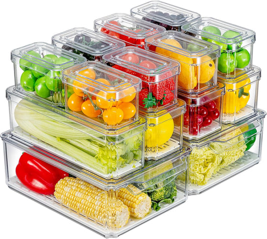 14-Pack Clear Fridge Organizer Bins with Lids, Stackable Refrigerator Storage Containers, BPA-Free with Drain Tray & Anti-Slip Base for Fruits, Veggies, Drinks