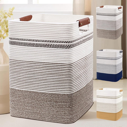 DOFASAYI Laundry Basket - 85L Large Cotton Rope Blanket Basket with Leather Handles, Decorative Storage Hamper, Clothes Hamper for Living Room, Bedroom, Rice Brown & White