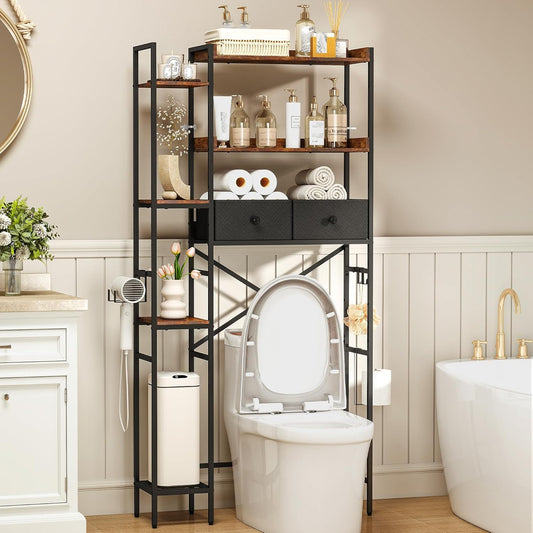 Over The Toilet Storage Shelf with Drawer, 3-Tier Above Toilet Bathroom Organizer with 4 Adjustable Side Shelves, Space Saver Freestanding Rack with Holder & Hook for Laundry Kitchen (Brown)