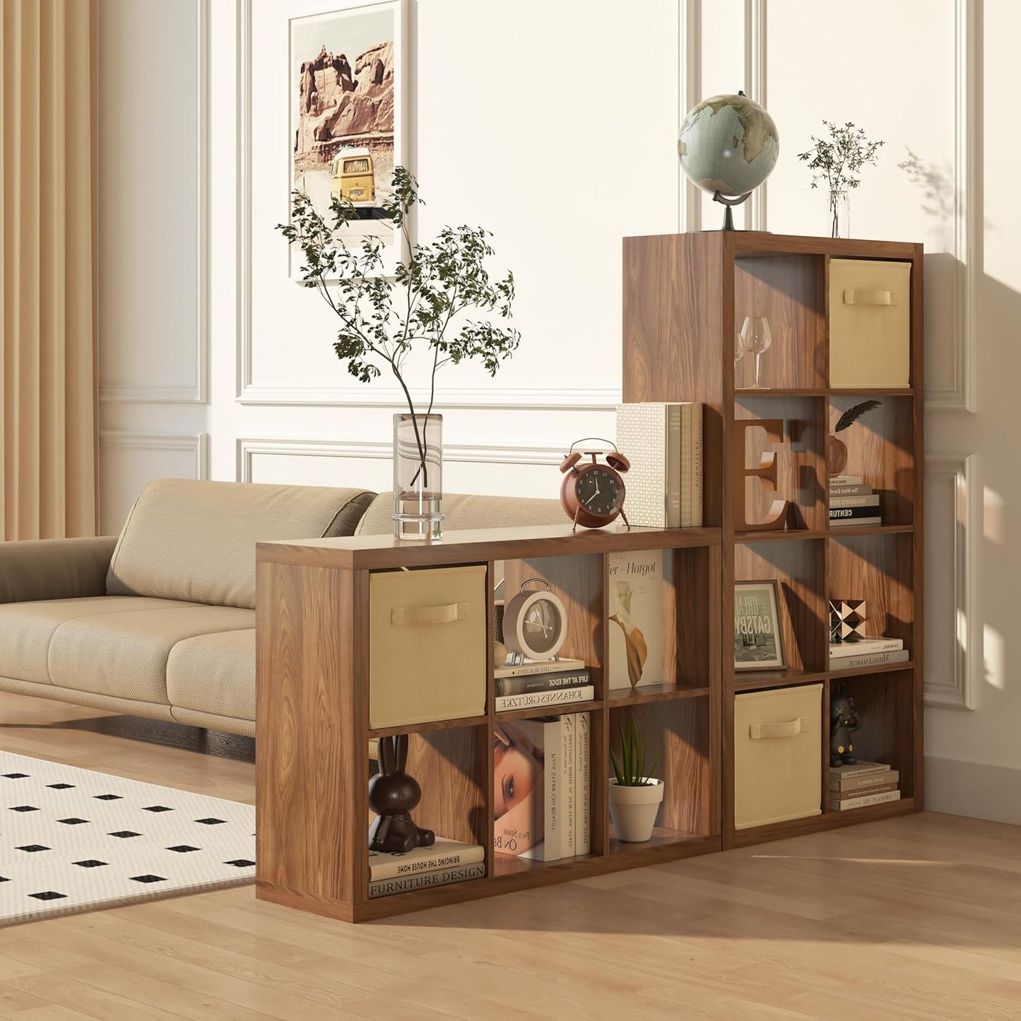 Bookshelf with Storage Bins, 9-Cube Storage Organizer Sturdy Wooden Bookcase Open Book Shelf, Multifunctional Cubicle Rack for Storage & Display, Furniture for Living Room Bedroom Office, Classic Oak