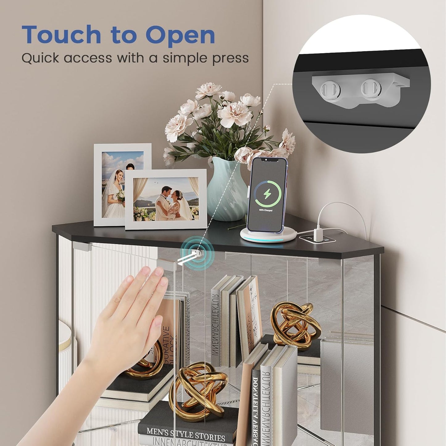 Corner Display Cabinet Set of 2 with Glass Doors, Small Display Case with 3-Color LED Lights and Charging Station, 2-Tier Curio Cabinet with Storage and Shelf, Black