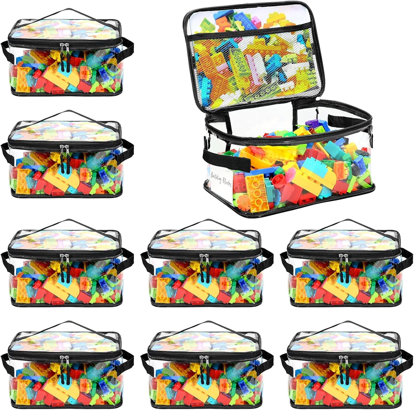 8 Packs Extra Large Toy Storage Bags with Labels, Reusable Clear PVC Board Game Storage, Travel Waterproof Toy Organizer Bags with Name Tag and Manual Pocket for Building Blocks, Puzzle, Kids Books