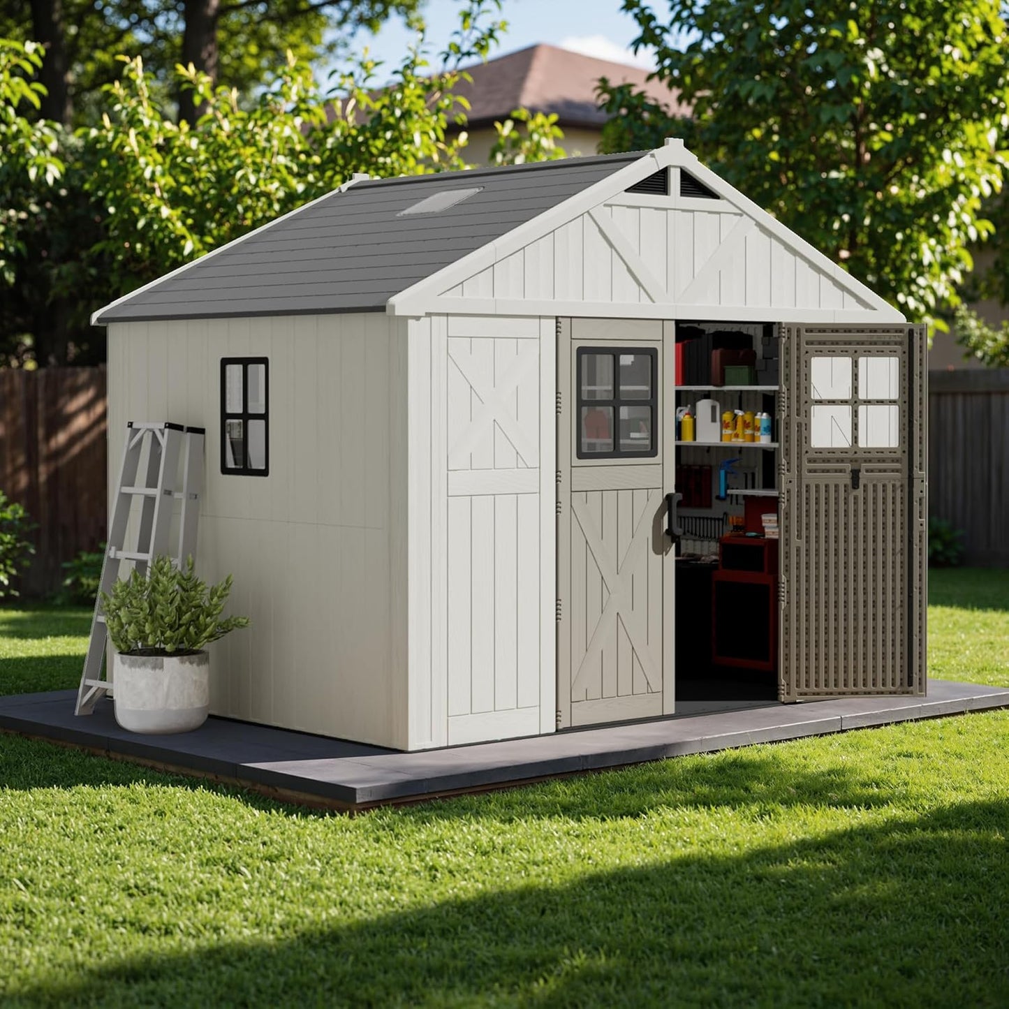 Devoko 10x8 FT Resin Outdoor Storage Shed with Floor, Plastic Tool Garden Shed with Windows & Lockable Door, Outside Large Storage Shed for Patio Backyard Lawn, Beige