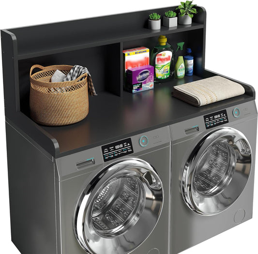 2-Tier Washer Dryer Countertop, 18.5" Raised Height Laundry Countertop with Edge Rails and Non-Slip Pad, 54"W x 27.55"D Washer and Dryer Topper for Laundry Room Storage Organization (Black)
