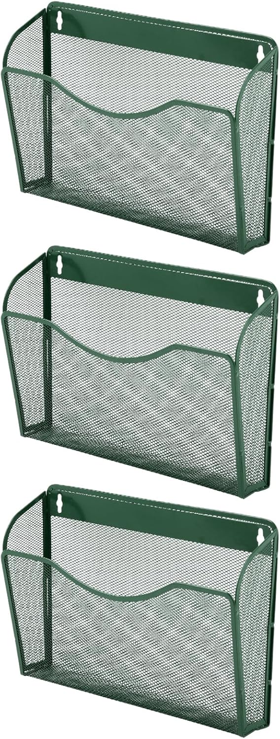EASEPRES 3 Single Pocket Mesh Hanging File Organizer, Vertical Wall Mounted Magazine File Holder, Mount Basket Mail Paper Document Folder Organizing for Office, Home and School, Dark Green