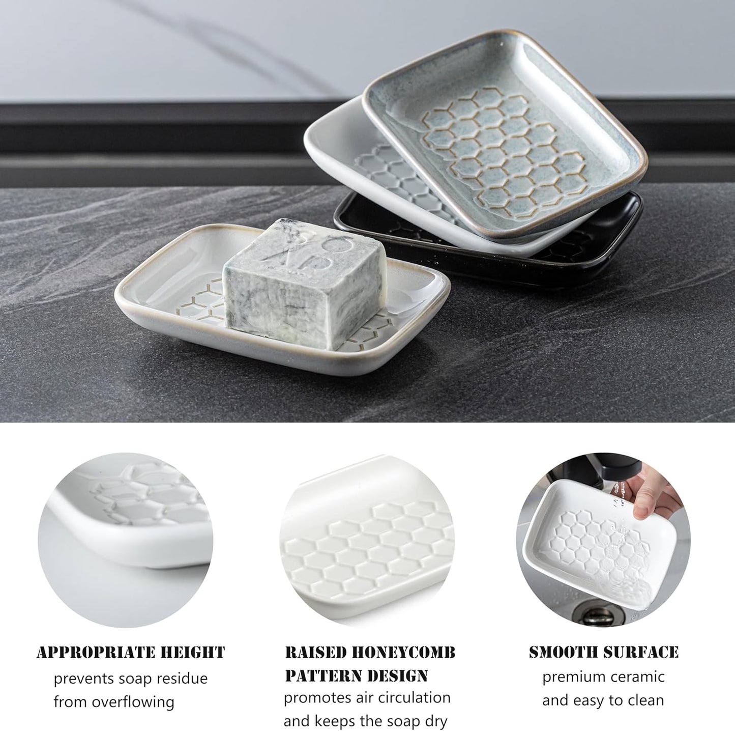Gomakren Soap Dish for Shower, Bar Soap Holder, Christmas Ceramic Soap Dishes for Bar Soap, Sponge Holder Soap Saver Soap Tray for Bathroom Kitchen Sink, 5.5 Inch, White