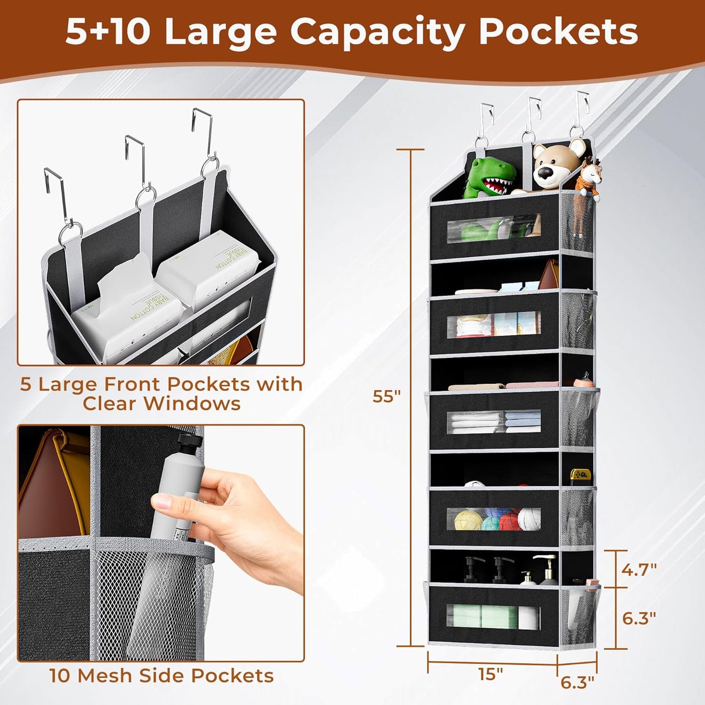 5-Tier Over The Door Storage Organizer with 10 Side Mesh Pockets, 48 lbs Load Capacity, 3 Hooks Design, Door Hanging Organizer with Clear Windows for Bathroom, Bedroom, Nursery, Kitchen-Black