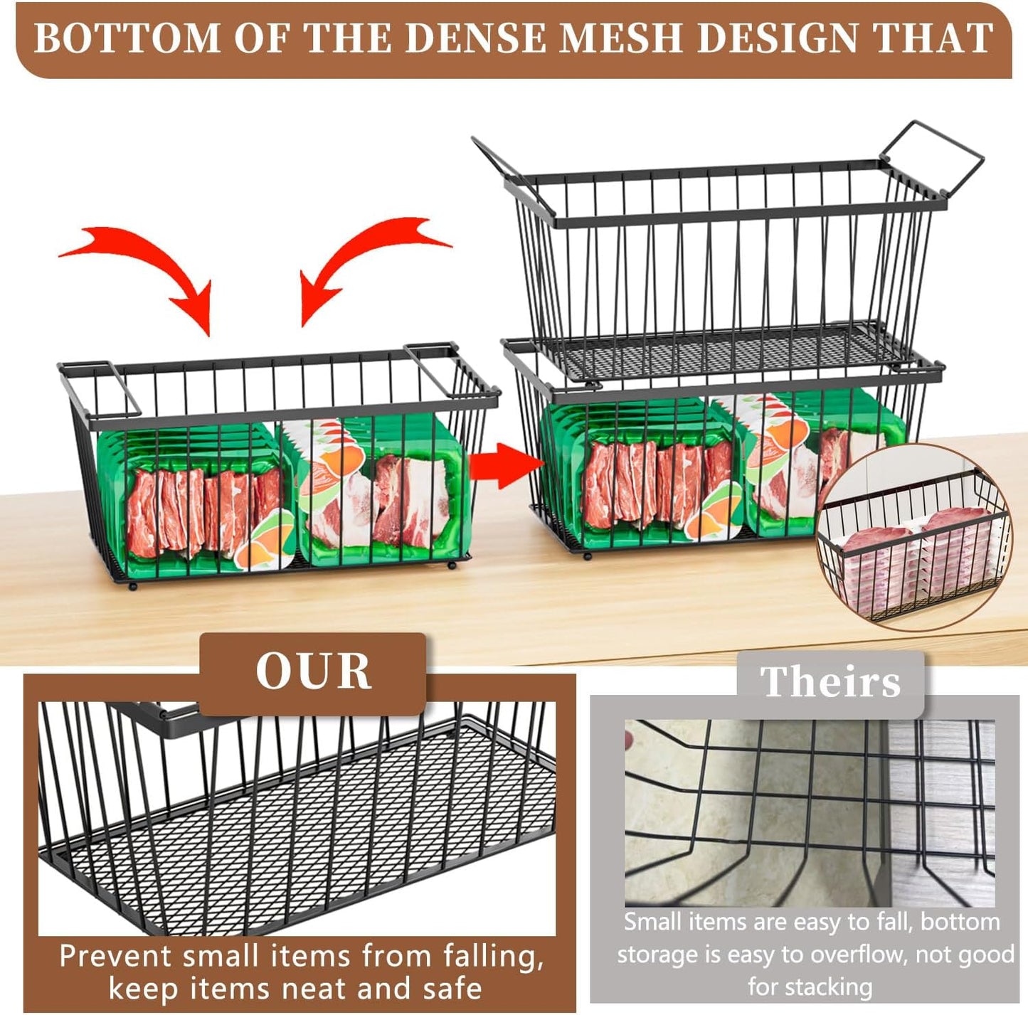 Enhanced Leak-Proof Bottom - Freezer Organizer Bins ，4 Pack Stackable Deep Freezer Organizer Bins for 7 Cu.FT Small Chest Freezer，Easy Get Bottom Foods without Digging