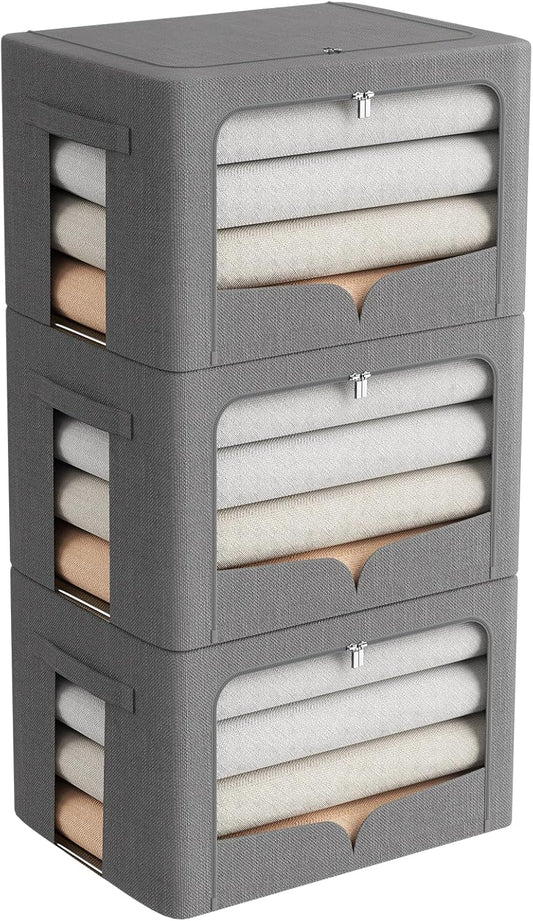 FHSQX 3 Pack Clothes Storage Bins Foldable Metal Frame Storage Box Stackable Linen Fabric Organizer Set with Carrying Handles and Clear Window (Dark Gray, 15.7x11.8x11.8inch(36L))