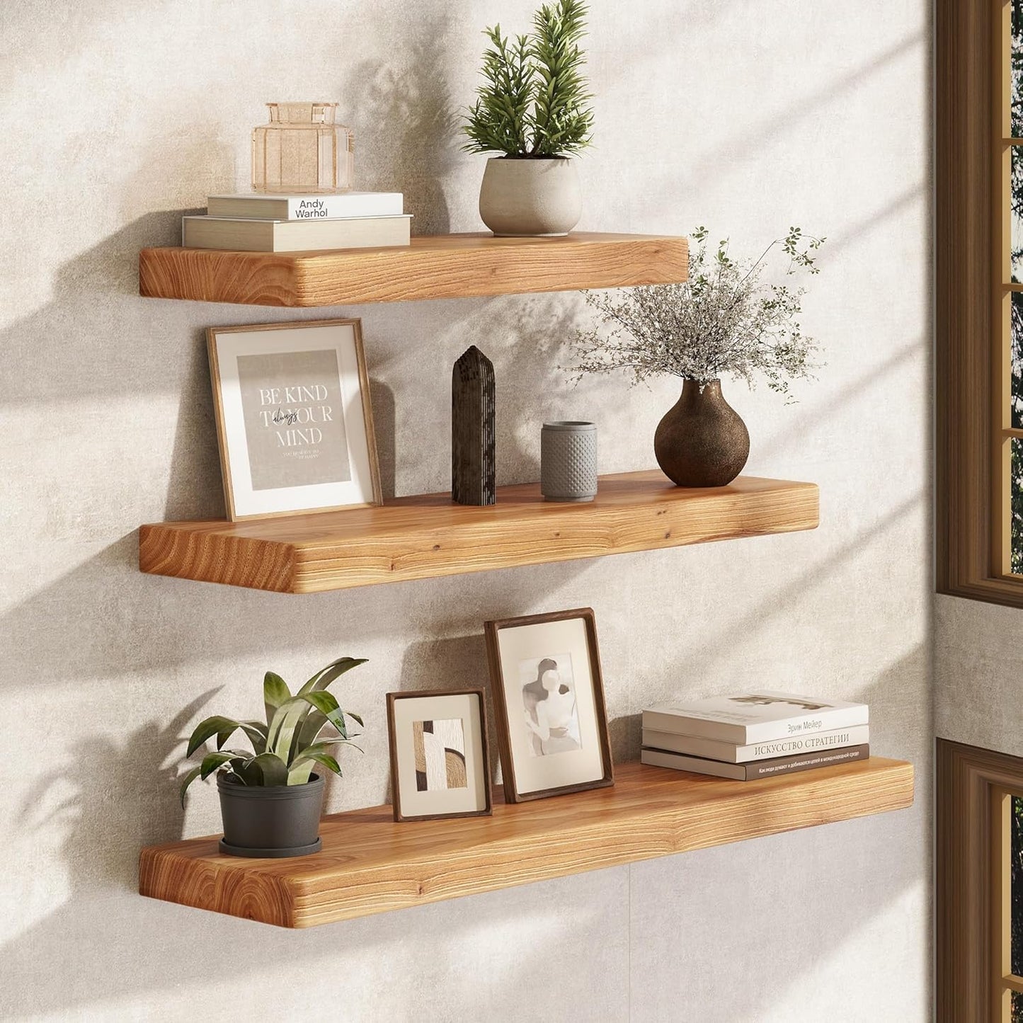 Fun Memories 24 Inch Floating Shelves, Solid Elm Wood Wall Shelf for Home Decor, Rustic Bathroom Shelves Set of 2, Heavy-Duty Storage Shelf for Kitchen, Bedroom, Living Room