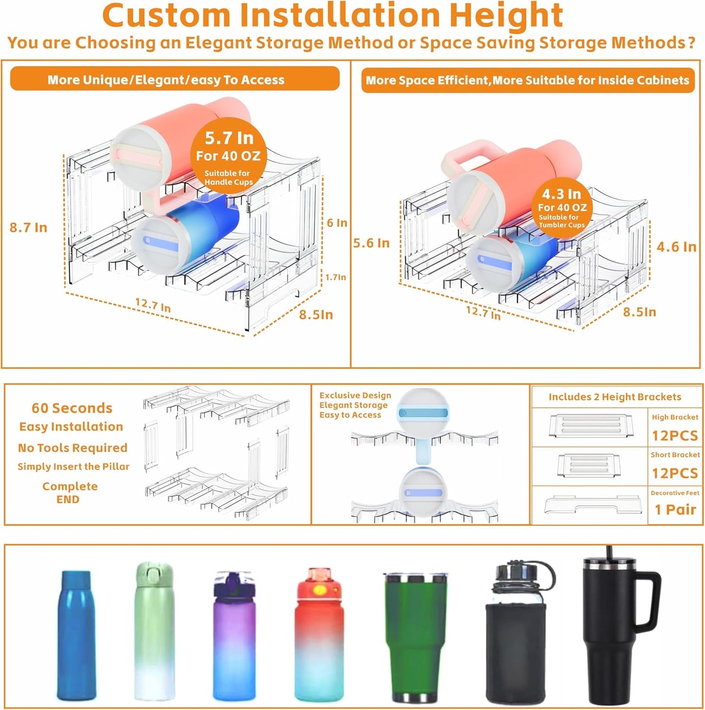 Yieach Stackable Water Bottle Organizer for Cabinet Yeti or Stanley Storage Organizers - Larger Compartment for 40 oz Stanley Cup Holder and Other Tumbler Organizers,Waterbottle Rack for Pantry,2 Tier