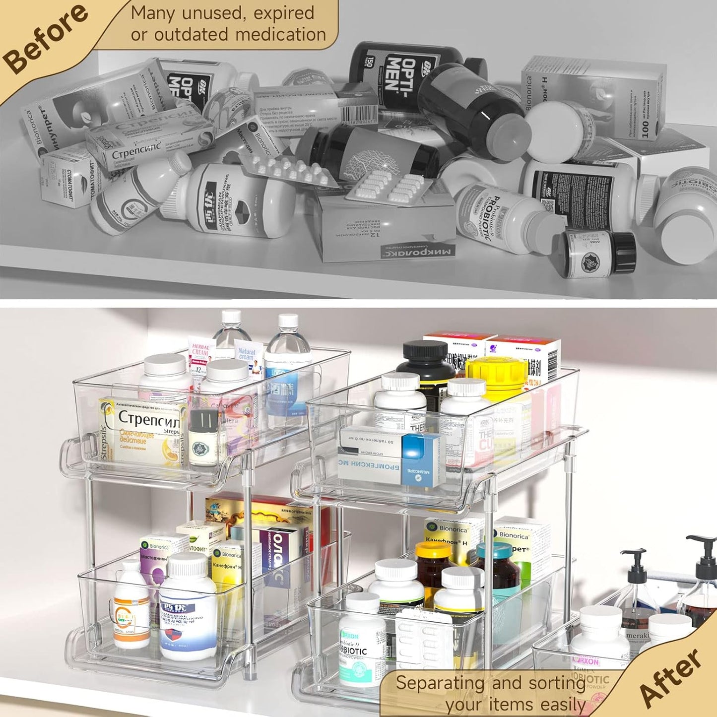 HIHEGD 2-Tier Bathroom Organizer with Dividers, Clear Under Sink and Pull-Out Cabinet Organizer for Kitchen and Pantry Storage