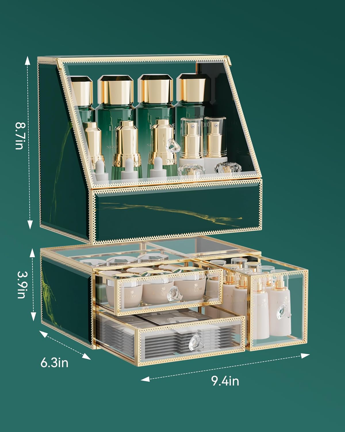 Makeup Organizer Countertop,Green Makeup Organizer with Drawer, Skincare Holder for Bathroom Countertop,Cosmetic Display Case for Dresser.