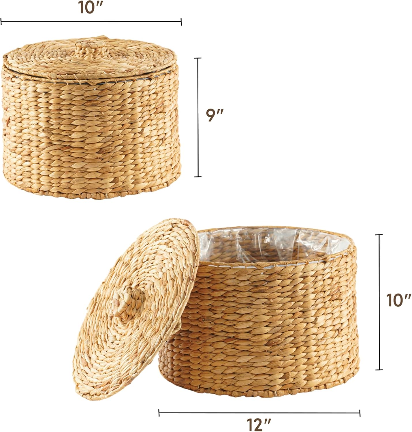 Greenatural Water Hyacinth Storage Baskets Set of 2, Handwoven Round Organizers with Lids and Plastic Liners, 2 Sizes, Decorative Wicker Bins for Home, Bedroom, Bathroom, Kitchen, Office