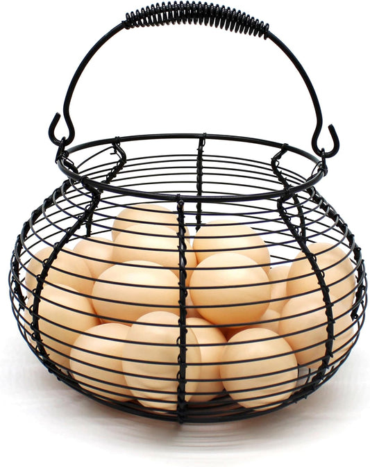 CVHOMEDECO. Elegant Wire Egg Basket with swimming Handle Primitives Vintage Gathering Basket. Black