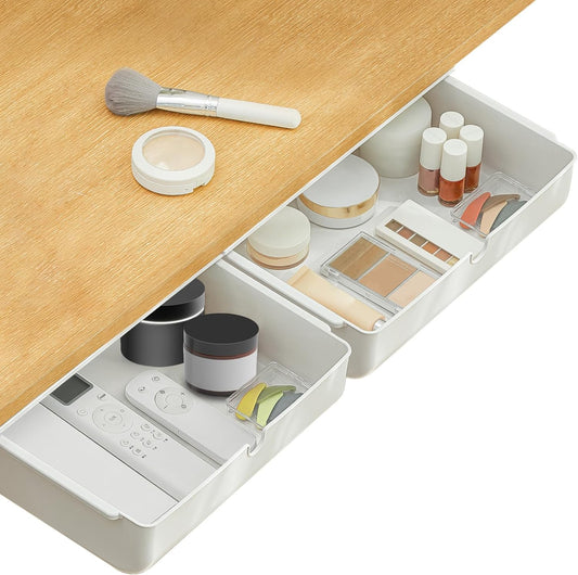 Poeland Under Desk Drawer Self-Stick Storage Organizer for Office Home School Large Size White 2 Pack