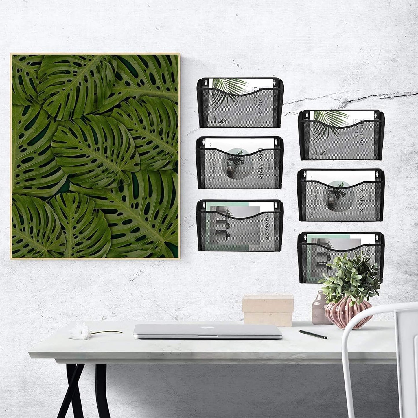 EASEPRES 6 Single Pocket Mesh Hanging File Organizer, Vertical Wall Mounted Magazine File Holder, Mount Basket Mail Paper Document Folder Organizing for Office, Home and School, Black