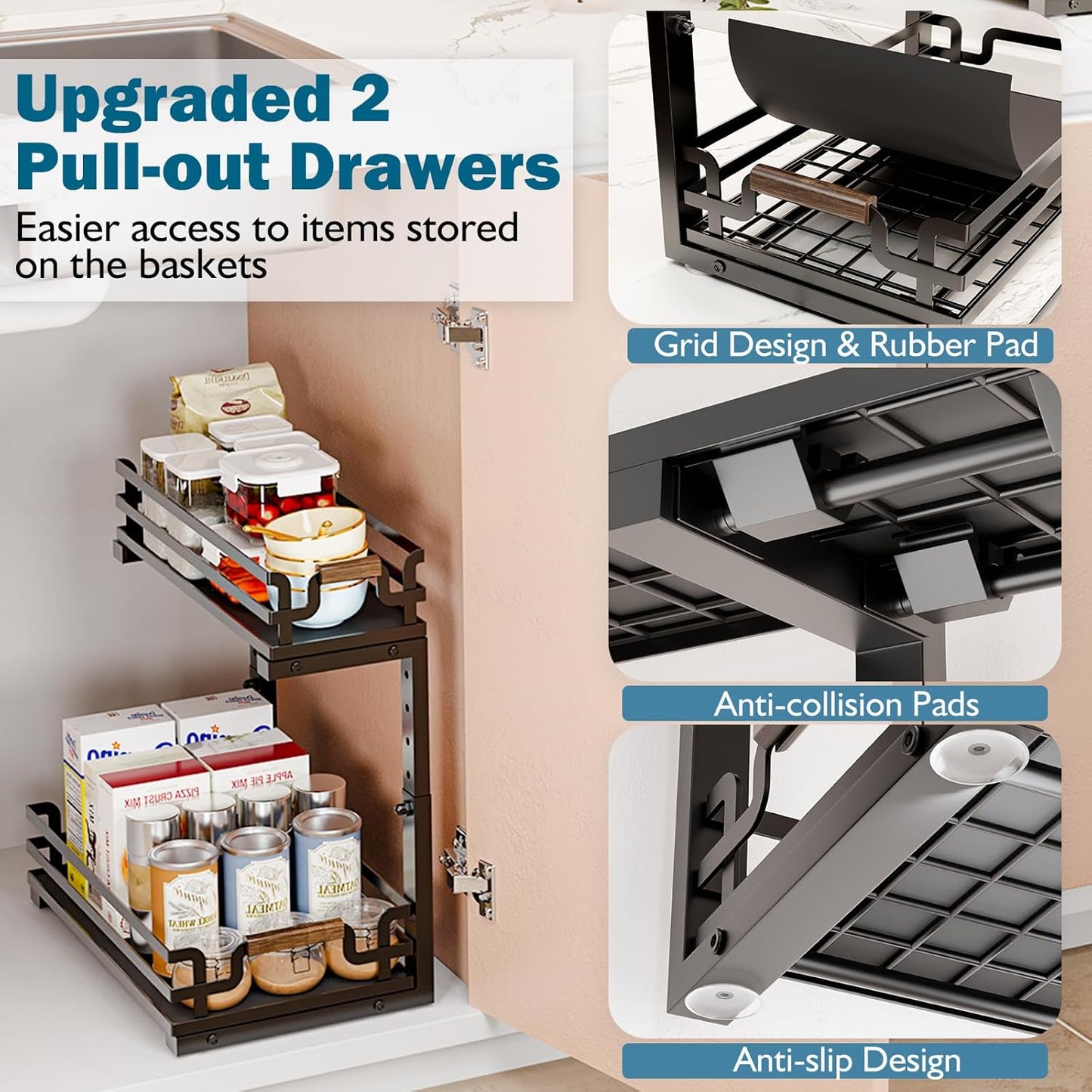Under Sink Organizer, 2 Tier Slide Out Storage for Bathroom Kitchen (2 Pack)
