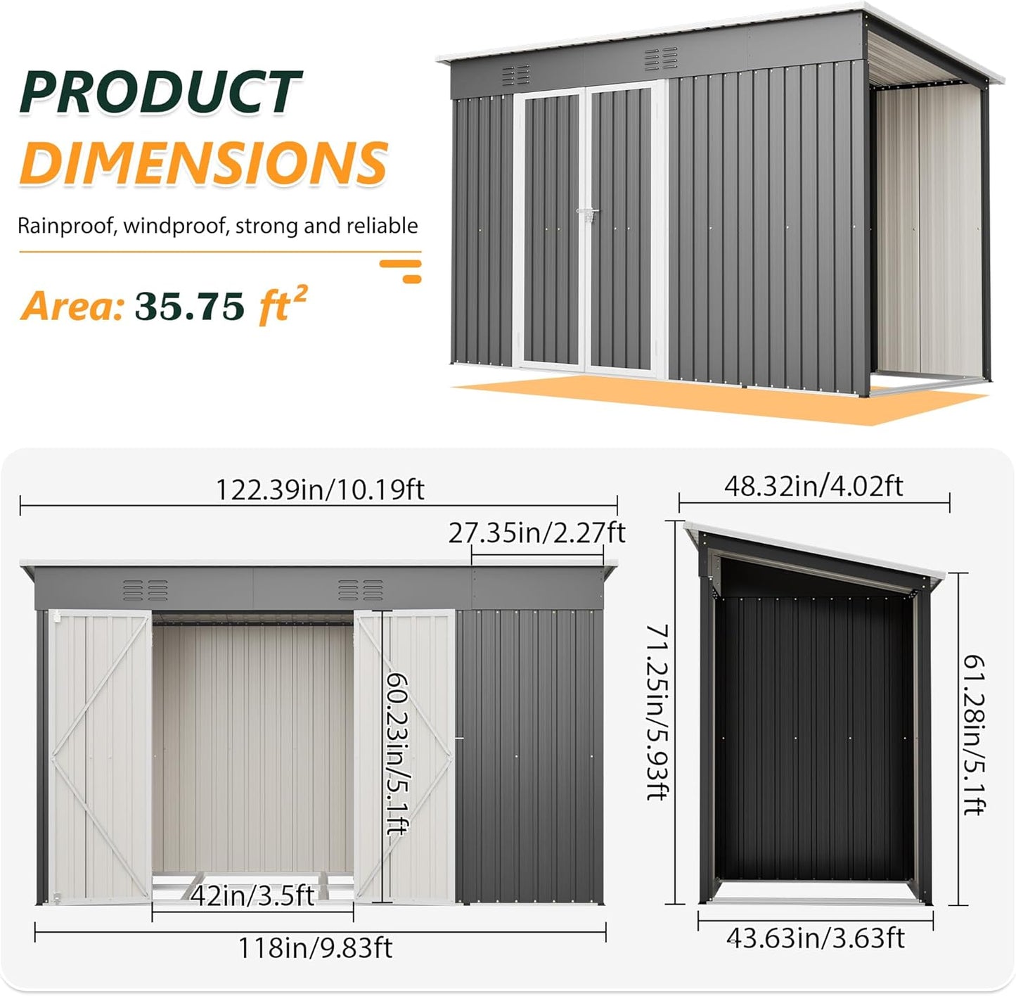 Large Outdoor Storage Shed, 10' X 4' Metal Galvanized Steel Garden Sheds with 4 Vents & Open Storage Area, Utility Tool Shed for Backyard, Patio, Lawn, Gray