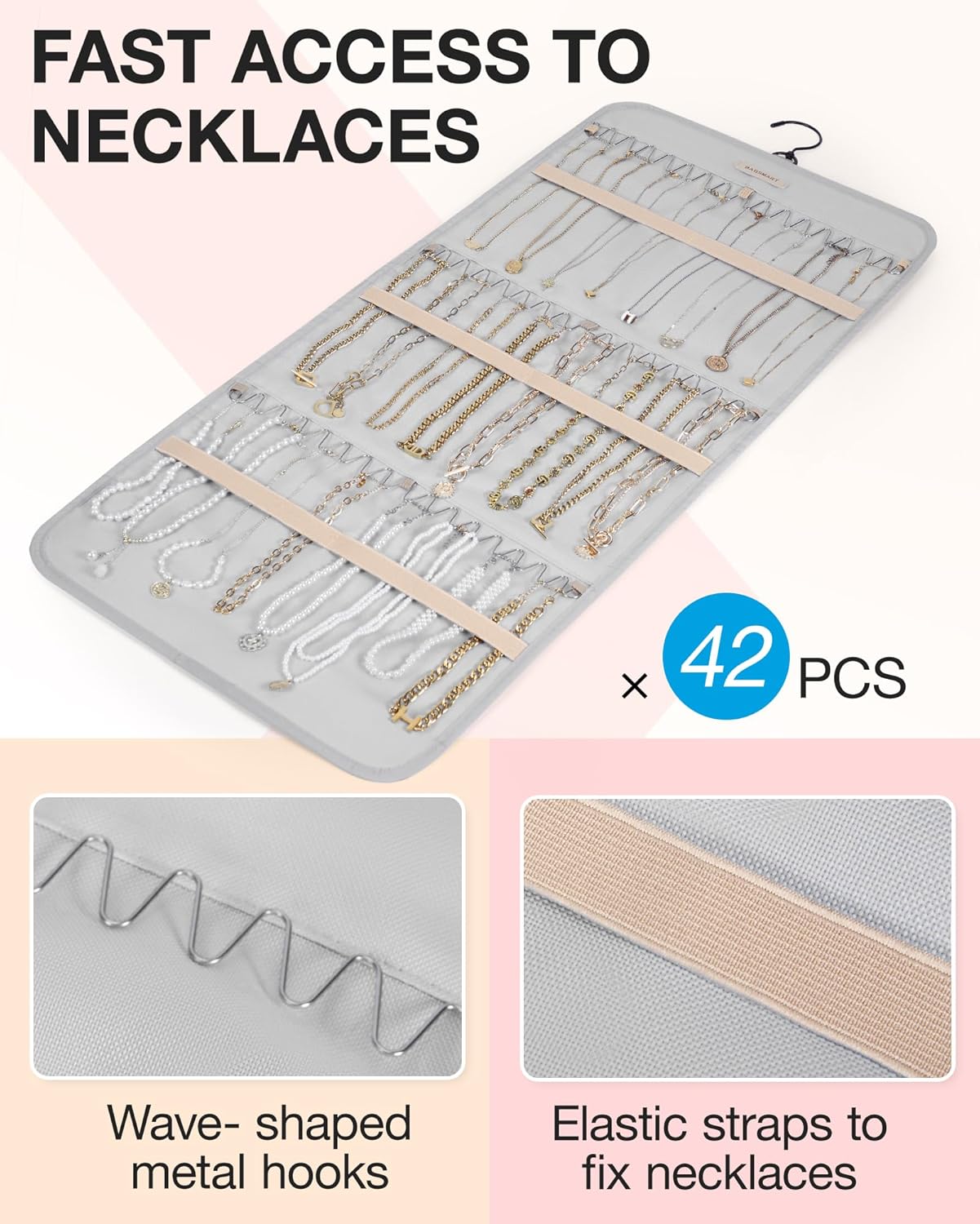 BAGSMART Hanging Jewelry Organizer Storage Roll with Hanger Metal Hooks Double-Sided Jewelry Holder for Earrings, Necklaces, Rings on Closet, Wall, Door, 1 piece, Large, Grey
