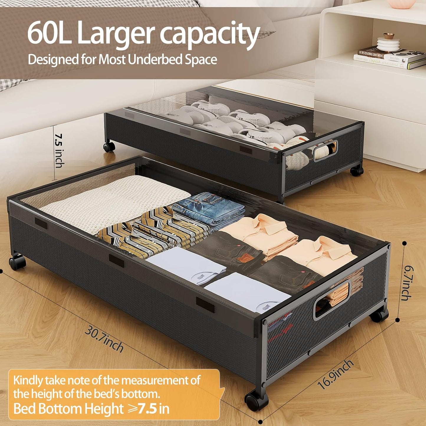 KITHELP Underbed Storage Containers with Wheels, Large Under Bed Drawers on Wheels with Removable Lids, Rolling Shoe Organizer Under Bed Storage Dresser Metal Drawers for Clothes Toys Blankets (2PACK)