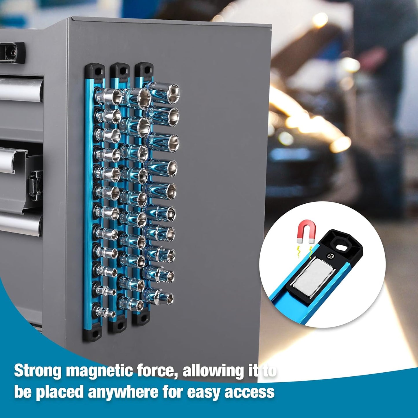 WORKPRO Magnetic Socket Organizer, 1/4-Inch Drive Aluminum Alloy Socket Rail, Heavy Duty Socket Holder, Socket Rack Kit 1/4-Inch x 12 Clips Sky Blue (Socket not Included)