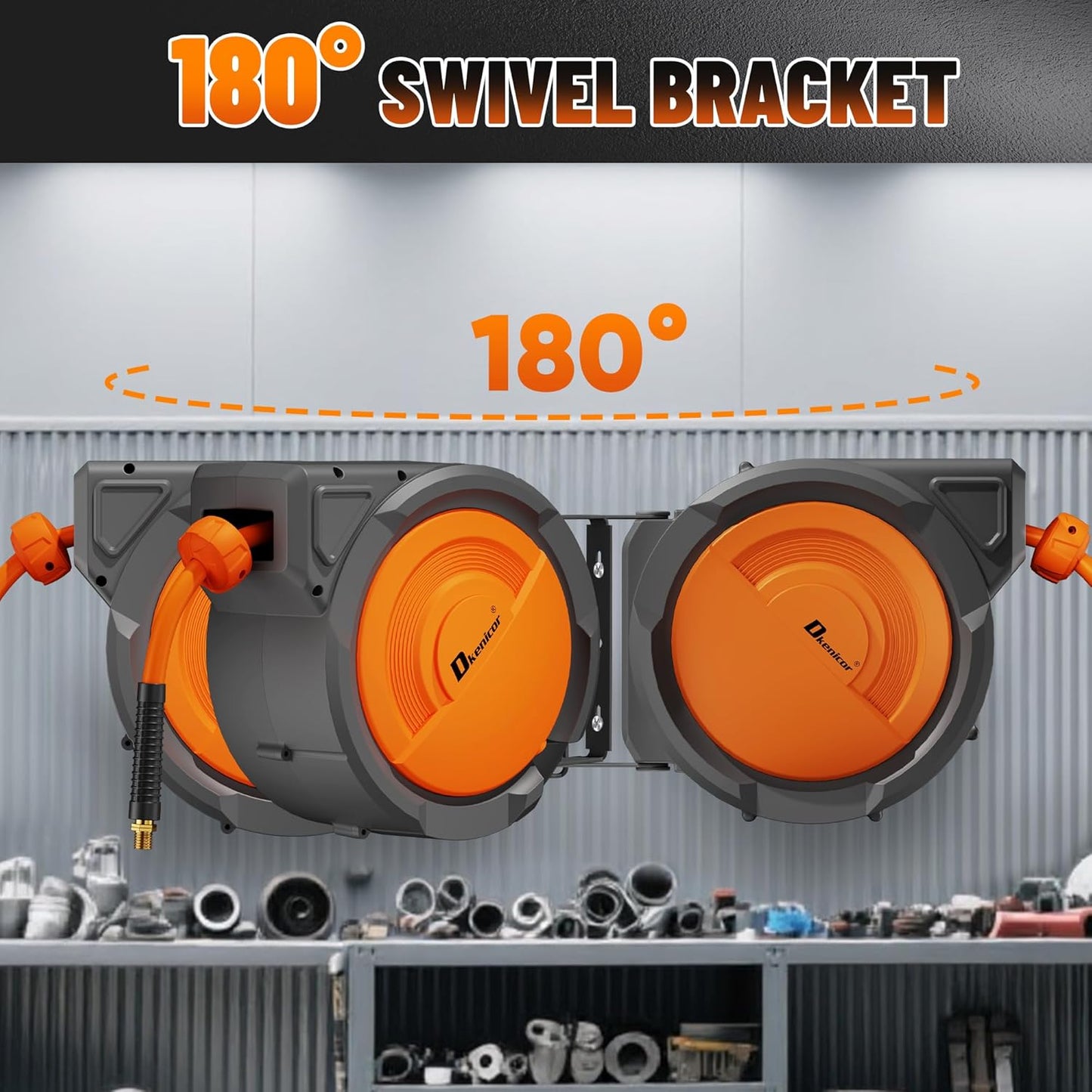 Retractable Air Hose Reel, 3/8" x 80ft Hybrid Hose, Auto Rewind Enclosed Air Compressor Hose Reel with 180° Swivel Bracket, Max 300 PSI Any Length Lock for Garage & Workshop