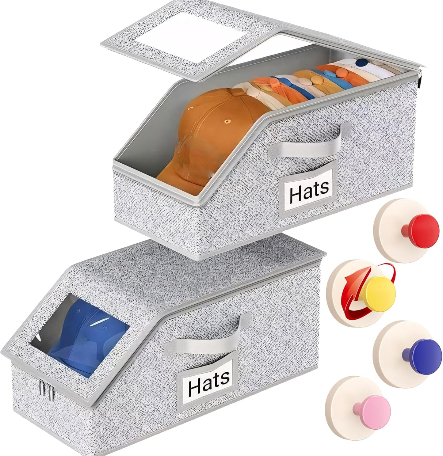 2 PCS Stackable Hat Storage for Baseball Caps with 4 Hat Hooks, Holds up to 24 Caps Hat Organizer for Closet, Sturdy Snapback Boxes for Men with Cardboard