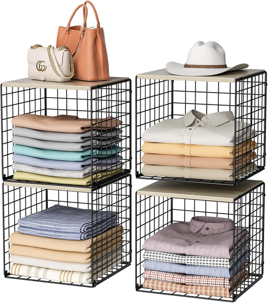 4-Tier Stackable Closet Organizers and Storage Basket, Shelves with Wood Top, Foldable Clothes Storage Bin/Cube Drawer Organizer for Wardrobe, Space-Saving, Closet Organization,Black(Patent Pending) ﻿