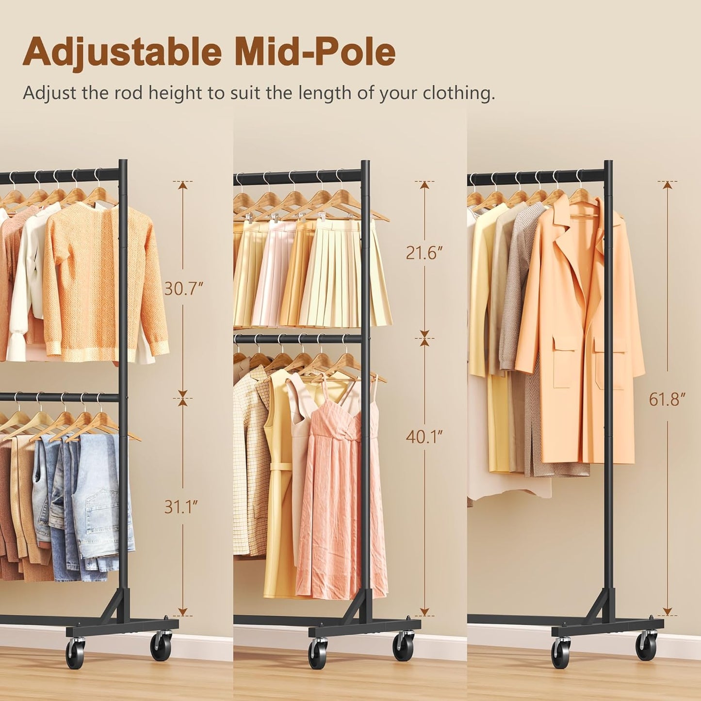 Hoctieon Double Rod Z Rack, Rolling Clothes Racks with Z-Base, Adjustable Clothing Rack, Standing Clothes Rack, Metal Clothing Racks for Hanging Clothes, Portable Garment Rack, Black