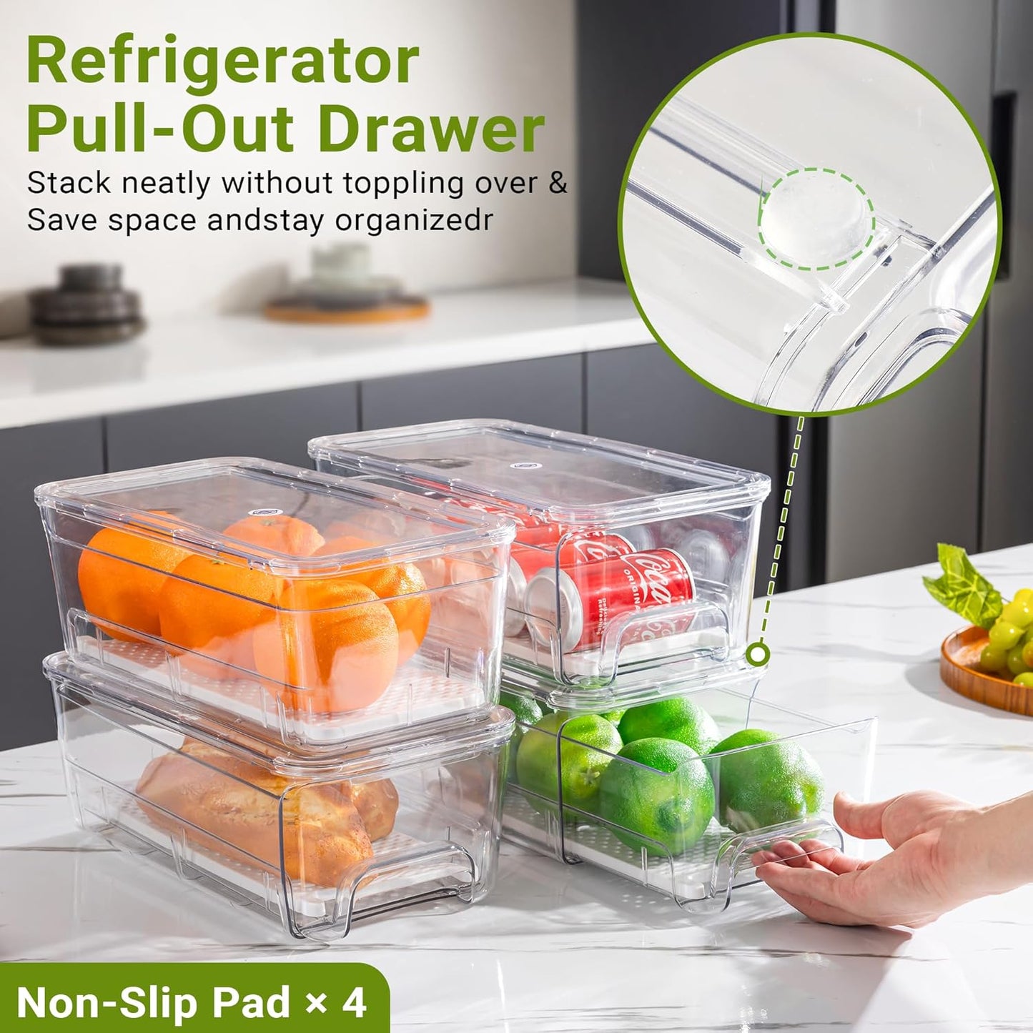 Imncya 4 Pack Fridge Organizer Drawers Bins, Clear Stackable Pull Out Refrigerator Drawer Organizer, Fridge Storage Container with Lids for Fruits, Vegetables, Drinks and Food