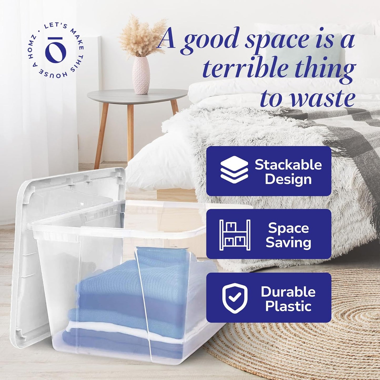 HOMZ 2-Pack Snaplock, Large Clear Plastic Storage Organizer Bins w/Lids, 56 Quart, White - Stackable Container Boxes for Bedroom, Bathroom, Garage, and Office Organization