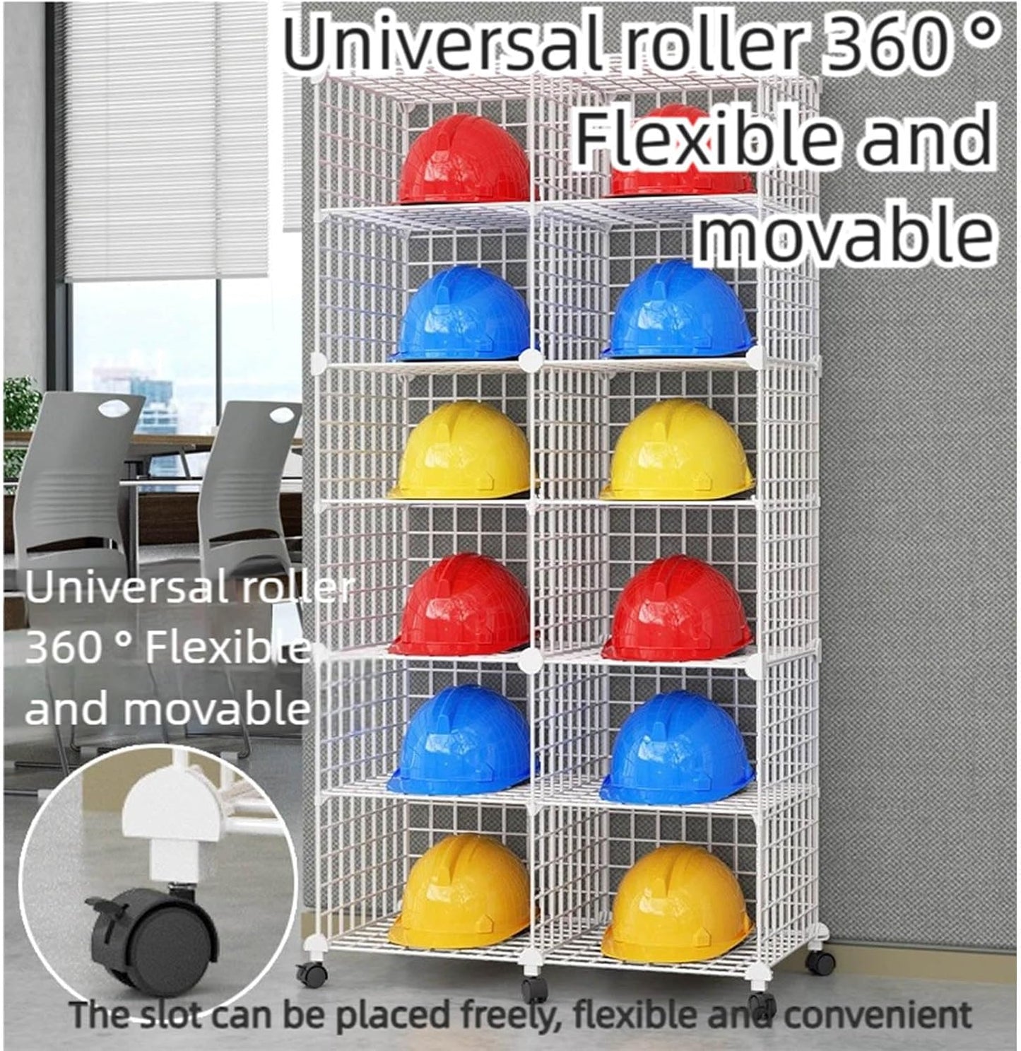 Stackable Safety Helmet Storage Boxes, Large Adjustable Hard Hat Placement Organizer Rack,with Wheels,for Construction Site/Garage/Workshop/Factory Helmet Display Shelf (White, 6 Grids-1 * 6)