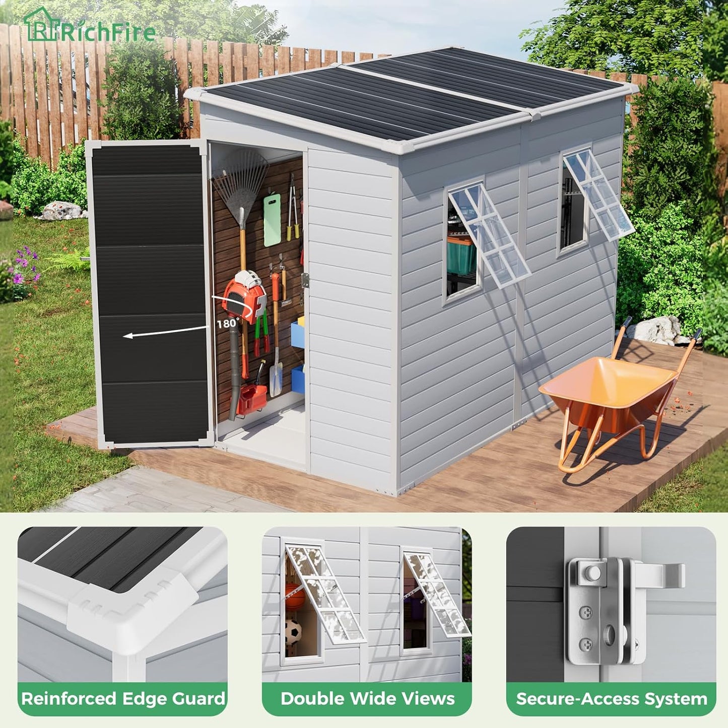 4x8 FT Plastic Storage Sheds Outdoor with Floor and Openable Window, Lean to Resin Shed Easy to Install, Compact Sheds & Outdoor Storage/Tool Shed for Garden & Backyard, Gray