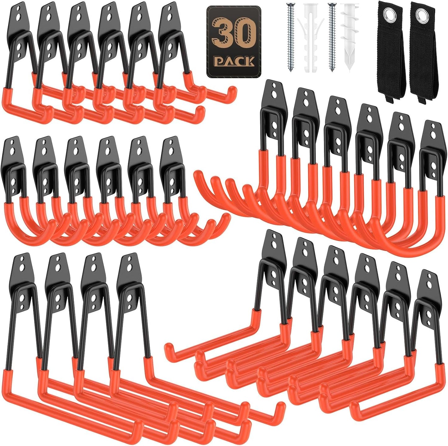 30 Pack Utility Steel Heavy Duty Wall Mount Garage Hooks,with Anti-Slip Coating,for Hanging Bikes,Ladder,Ropes,Bulk Items,Power,Yard and Garden Tools