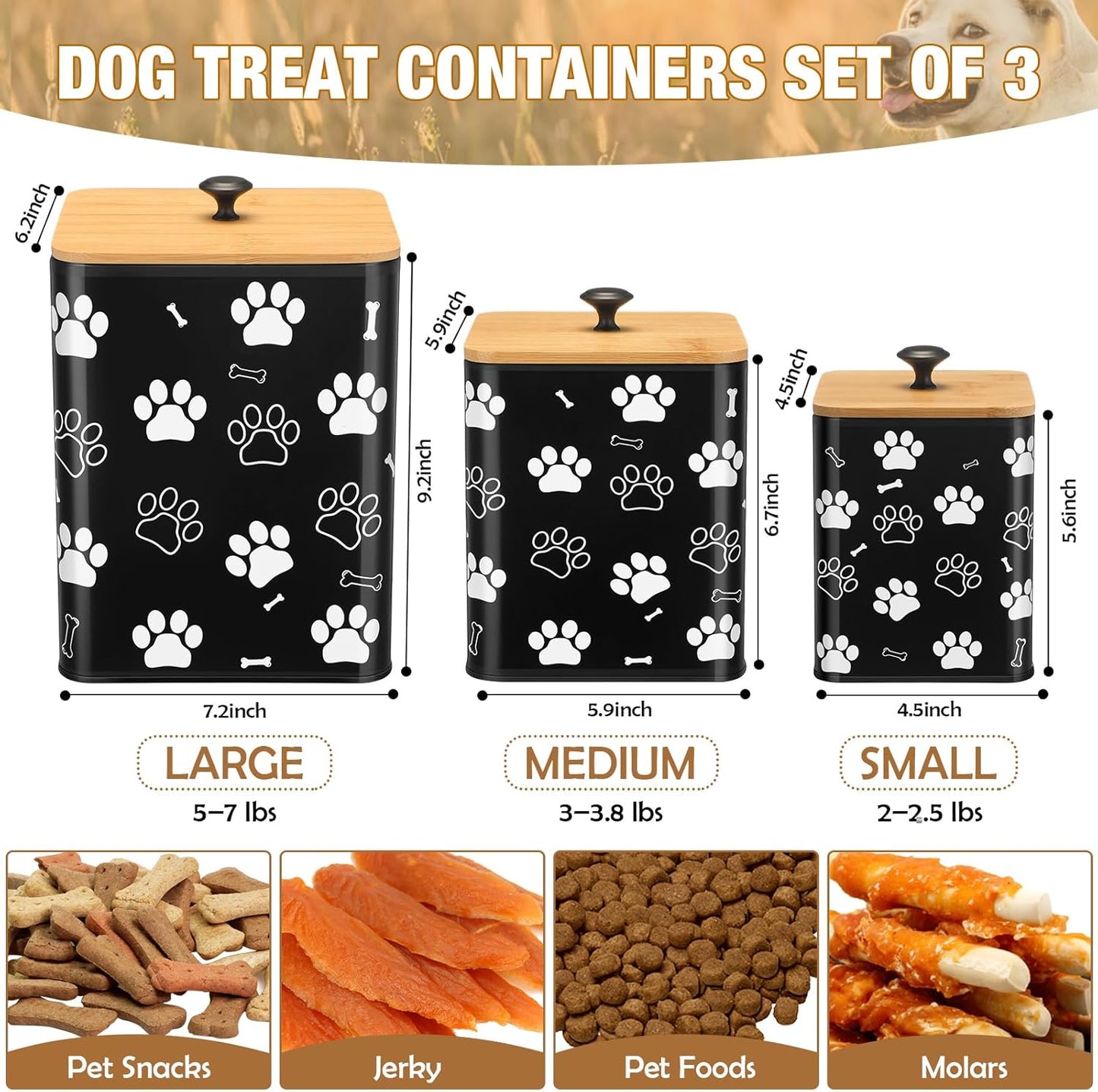 Airtight Dog Food Containers with Bamboo Lids, Metal Dog Treat Jars Canisters for Kibble, Biscuits, Snacks, Cookies, Pet Food Storage Set for Kitchen Counter Christmas Gift(Black)