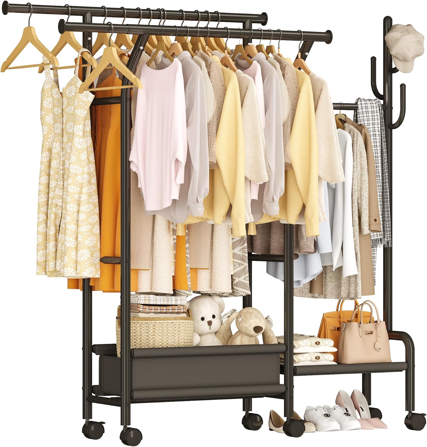 Homeiju Heavy Duty Clothes Rack Load 500LBS, Three Rods Clothing Racks for Hanging Clothes Extendable, Rolling Garment Rack with Sturdy Wheels, Basket, Storage Shelves, Black