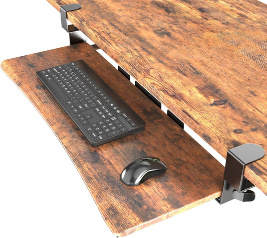 Extra Large Keyboard Tray Under Desk - Slide Out with Sturdy C-Clip Mount System, 31.5" (35.8" Including Clamps) x 11.8" Put-Out Keyboard Tray Computer Drawer, Rustic Vintage Brown