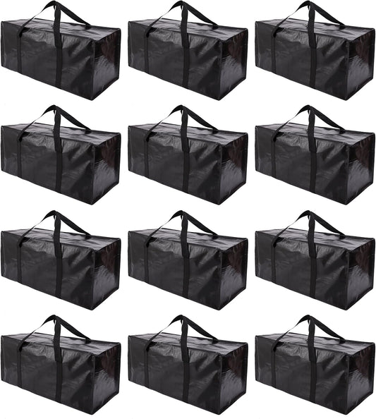 Extra Large Moving Bags with Zippers & Carrying Handles, Heavy-Duty Storage Tote for Space Saving Moving Storage, Fold Flat, Alternative to Box and Bin - 12 Pack, Black