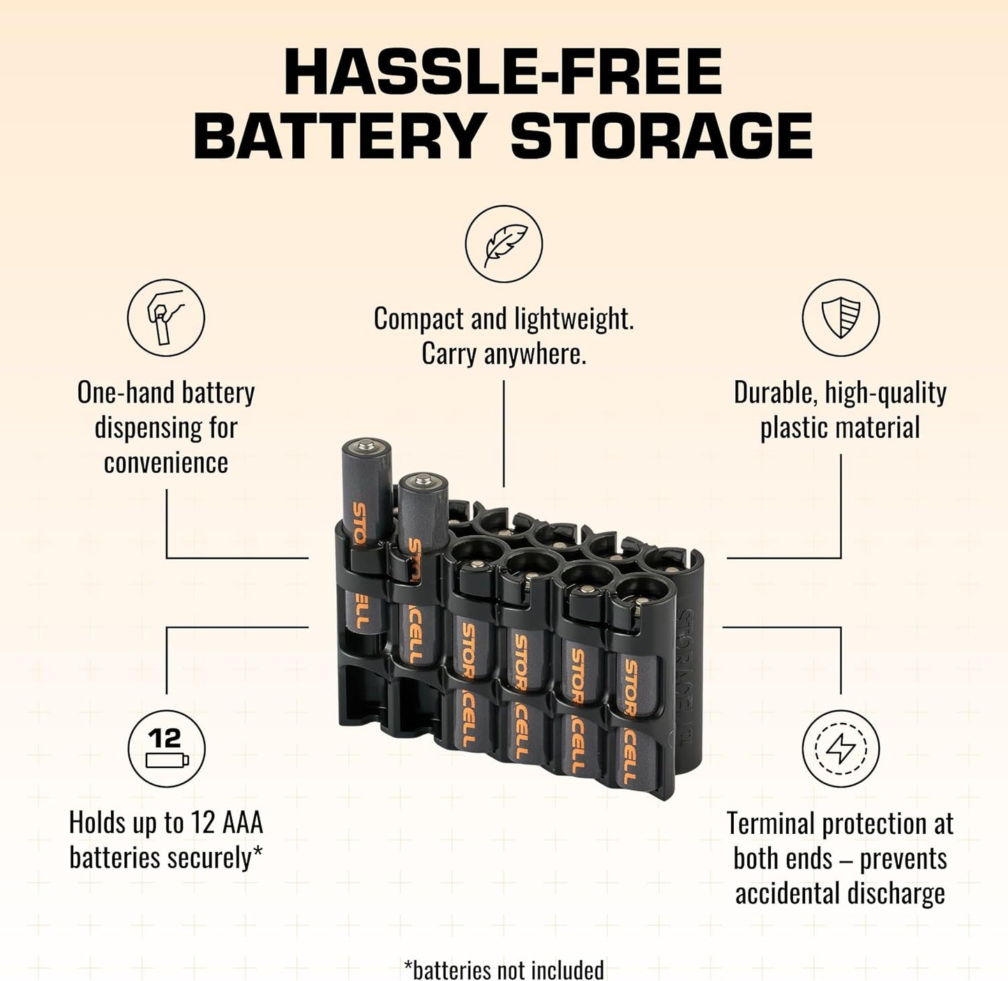 Storacell AAA-12 Battery Storage Caddy and Dispenser (Pack of 2), Black, Holds 12 AAA Batteries (Not Included), Durable & Compact Design, The Original Battery Caddy, Made in The USA