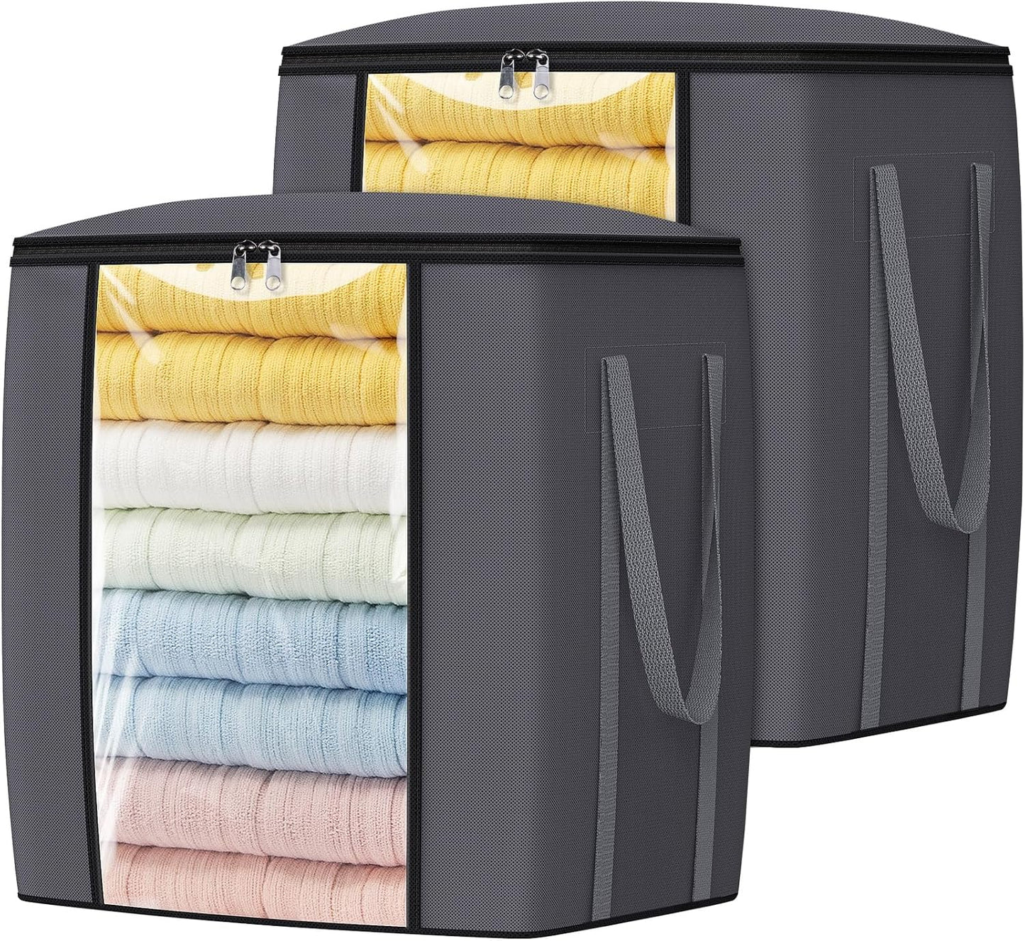 120L Extra Large Clothes Storage Bags, Foldable Blanket Storage and Organization, Thick Fabric Containers with Reinforced Handles & Zippers for Clothing, Comforters, Bedding, Gray, 2 Pack