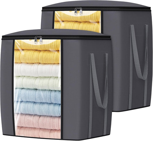 120L Extra Large Clothes Storage Bags, Foldable Blanket Storage and Organization, Thick Fabric Containers with Reinforced Handles & Zippers for Clothing, Comforters, Bedding, Gray, 2 Pack