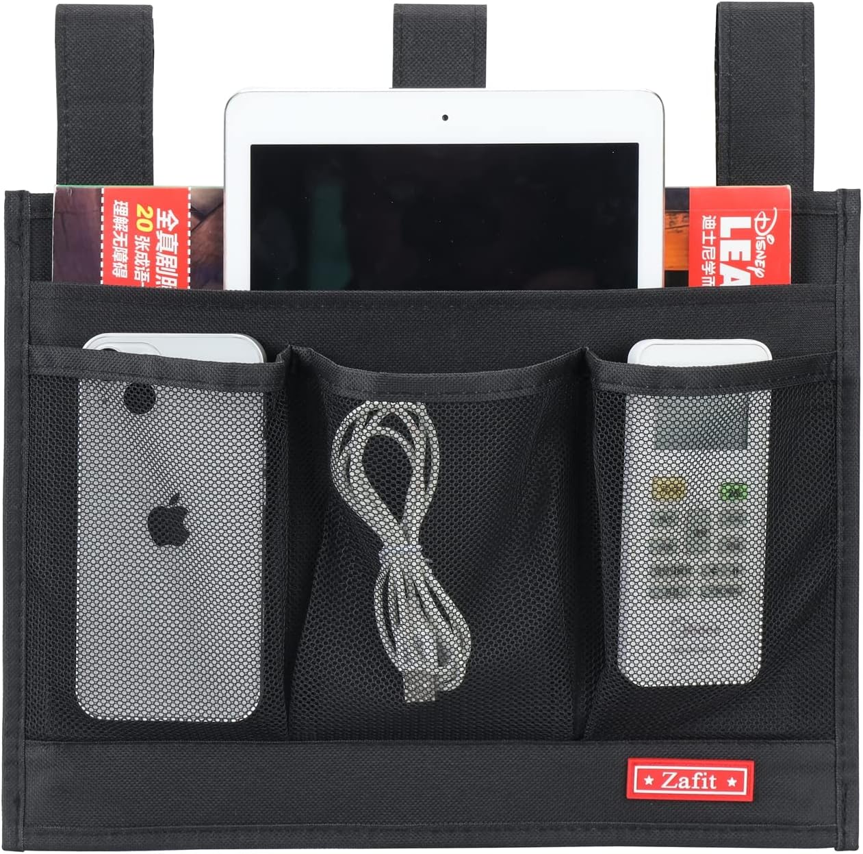 Hanging Bedside Caddy, Bedside Storage Organizer for Magazine, Phone, Remote control (Classic4 Pockets-Black)