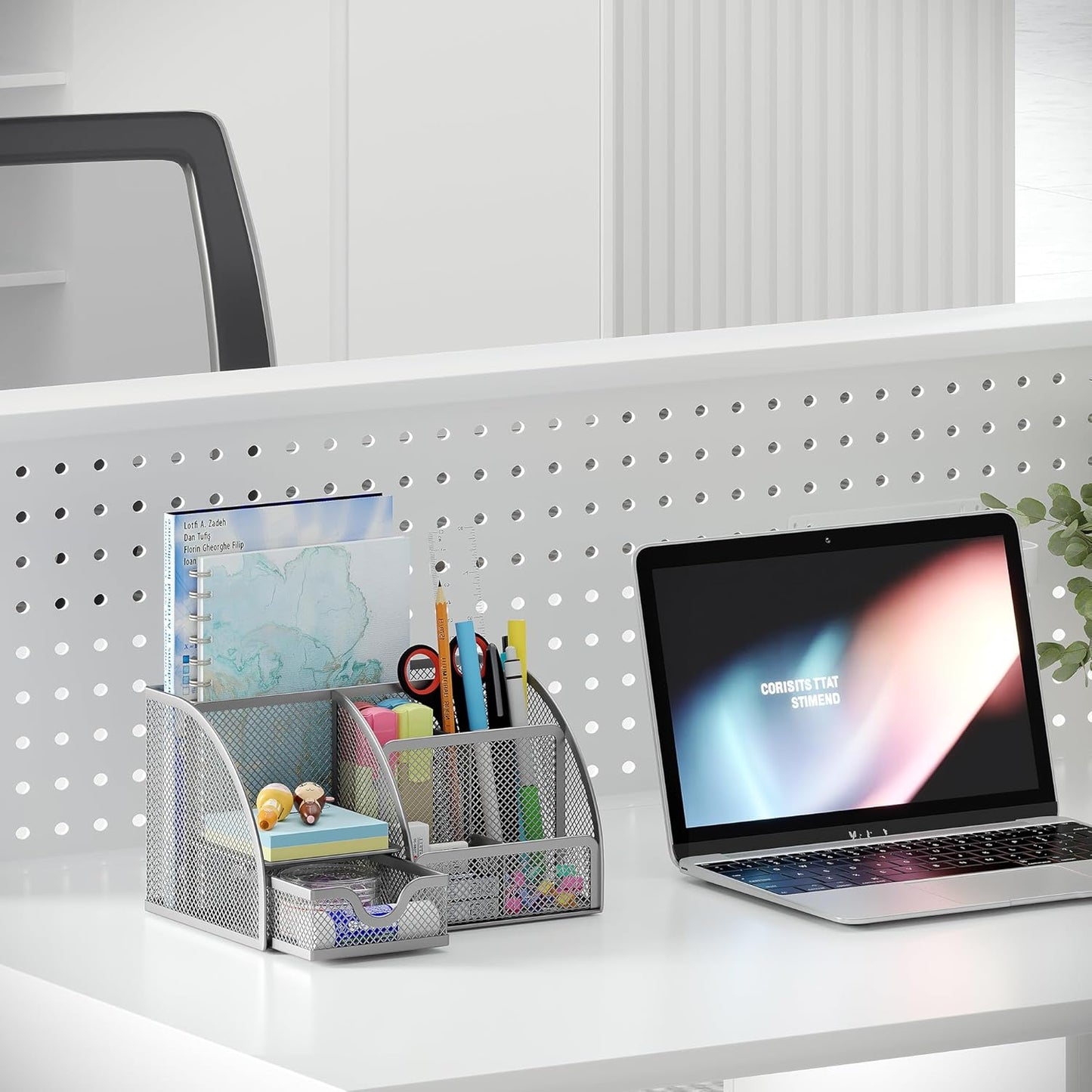 EasyPAG Mesh Desk Organizer with Drawer Multi-functional Pen Holder Stationery Organizer for Office School Supplies 6 Compartments Dorm Organizers and Storage for Desk, Silver