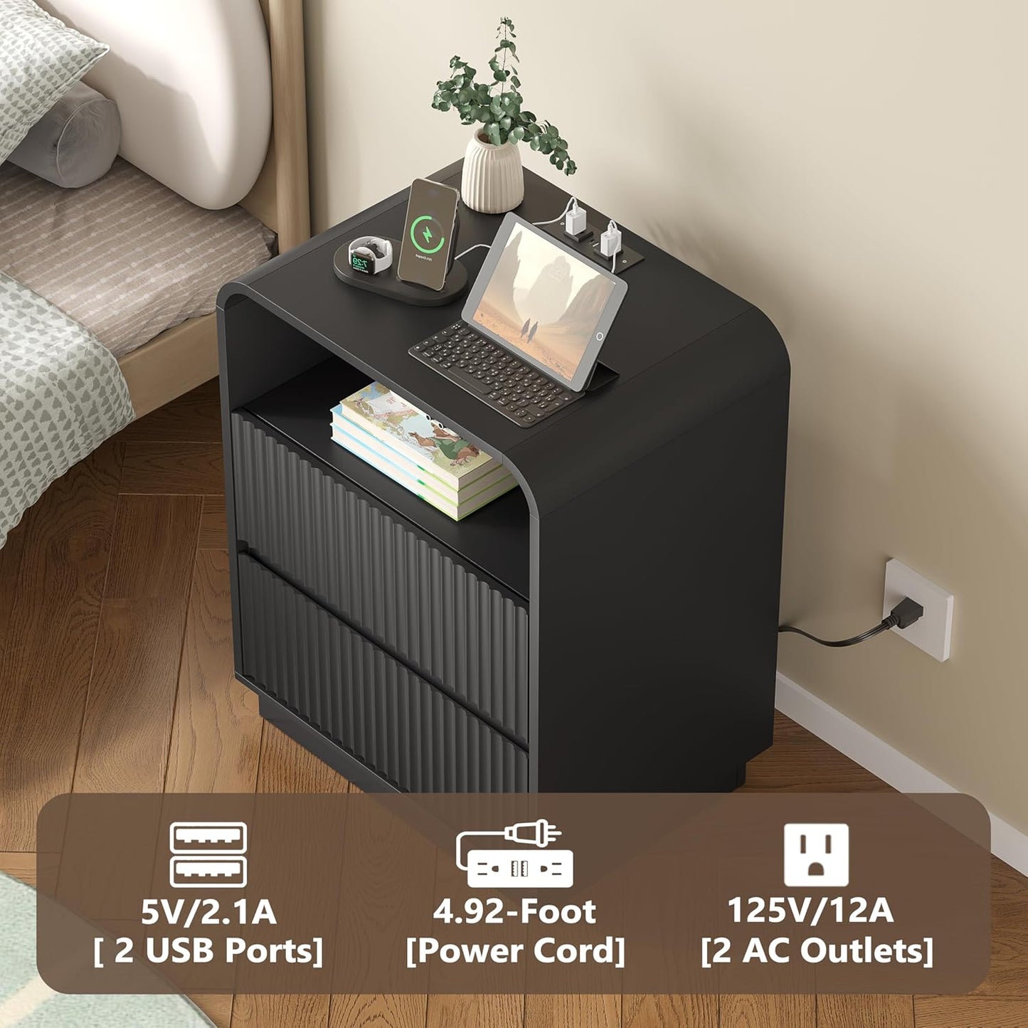 Dresser with 2 Drawers and Charging Station, Fluted Bedside Table with Round Curved Corner, Hidden Handles, 2 AC Outlets and 2 USB Ports, Modern Wood End Table with Open Shelf for Bedroom
