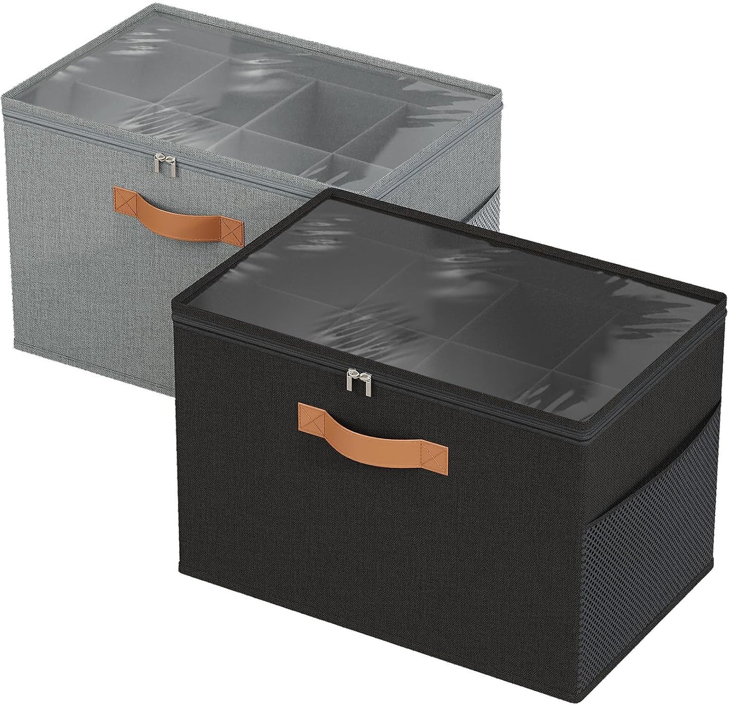 Shoe Organizer for Closet, 2 Pack Foldable Shoe Storage Organizer with Adjustable Dividers, Shoe Storage Box with Clear Cover, Fits up to 16 Pairs, Black & Gray