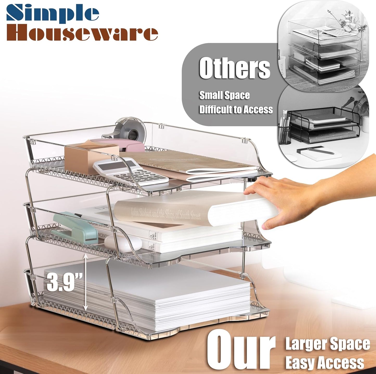 Simple Houseware 3-Tier Crystal Clear Stackable Document Letter Tray Paper Organizer - Desk Organizer for A4/Letter Size Documents, File Sorter, Paper Holder, Office Desktop File Storage, Acrylic Look