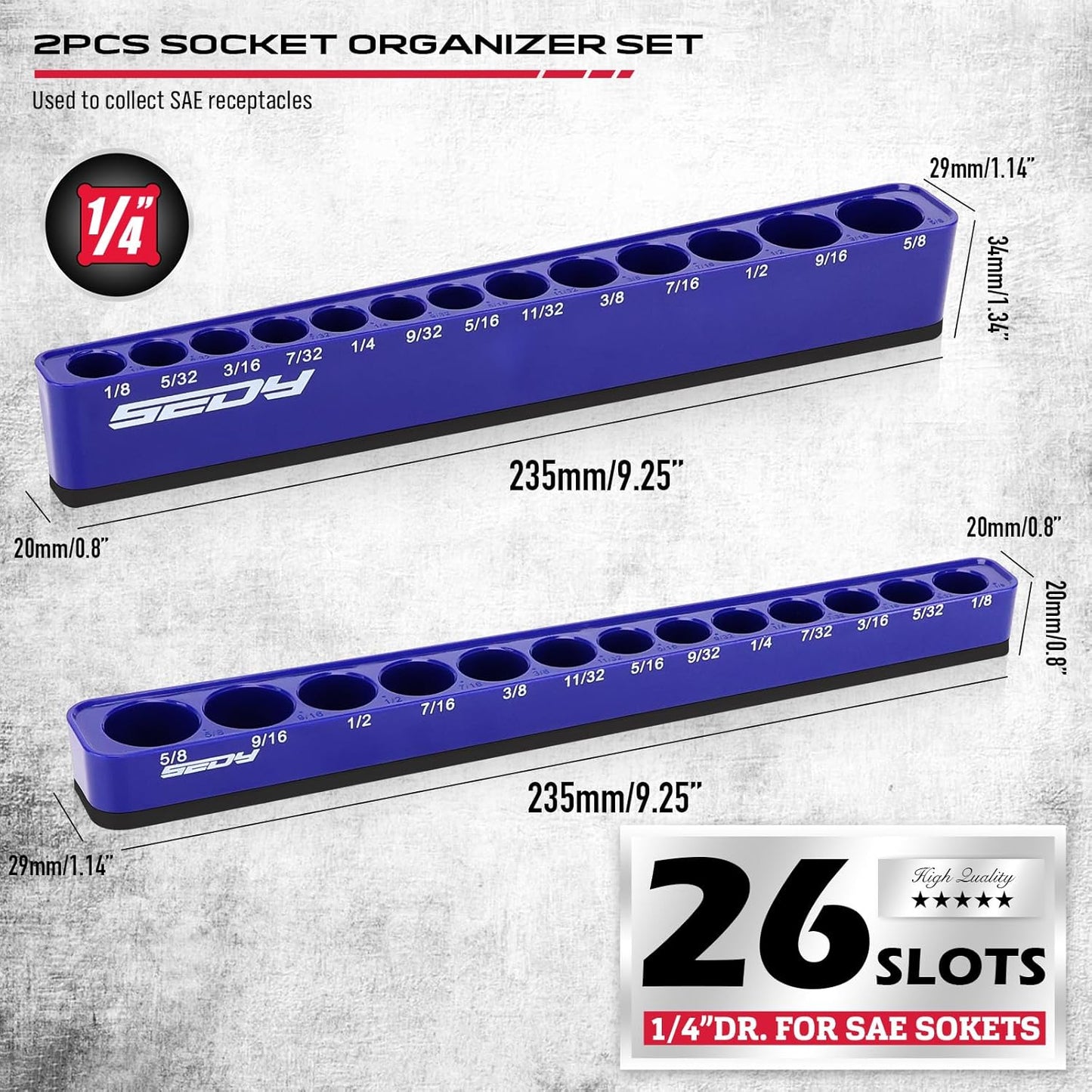 2-Piece 1/4"-Drive SAE Magnetic Socket Organizer Set (Holds 26 Sockets) - Detachable Tool Tray with 5mm Magnetic Base, Screw-Fixed Design & Heavy-Duty Modular Storage for Garage/Home Workshop