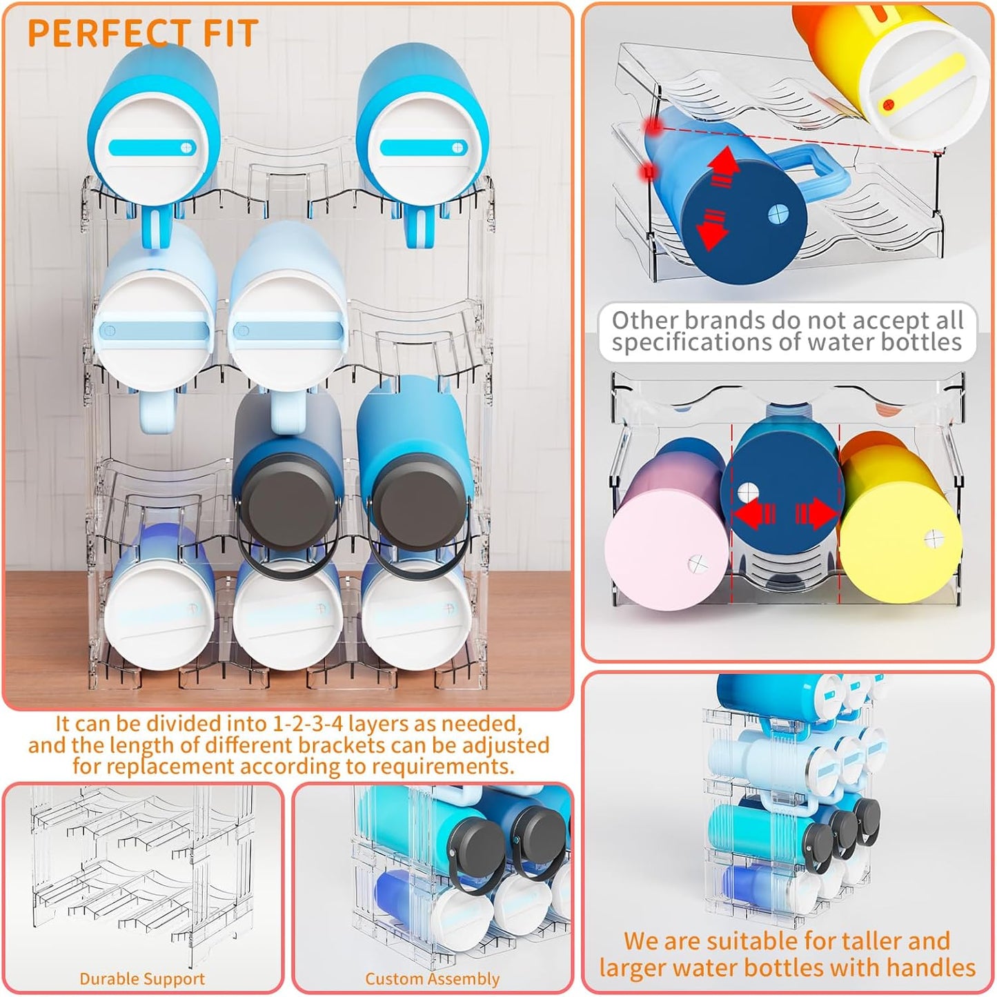 Yieach Stackable Water Bottle Organizer for Cabinet Yeti or Stanley Storage Organizers - Larger Compartment for 40 oz Stanley Cup Holder and Other Tumbler Organizers,Waterbottle Rack for Pantry,3 Tier